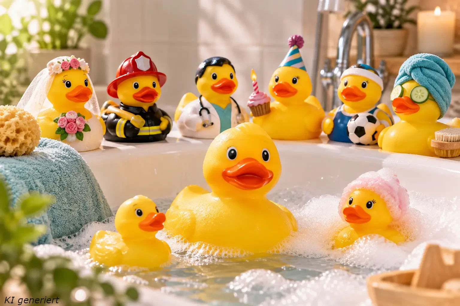 Verschiedene gelbe Quietscheenten versammeln sich in einer Badewanne